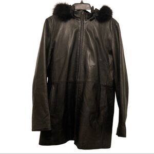 Burberry London Black Leather Bomber with Fur Hood